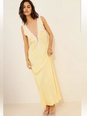 Rumored Yellow Lace-Trim Maxi Slip Dress